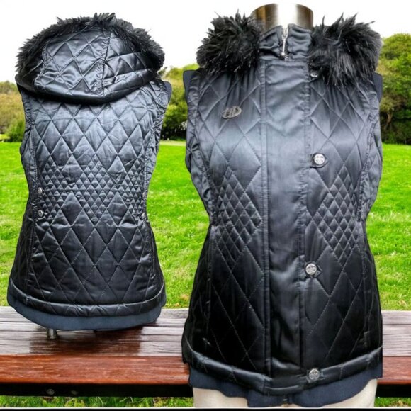 HARLEY DAVIDSON (MED) Quilted Black Satin Vest with Removeable Fur Lined Hood - Picture 1 of 13